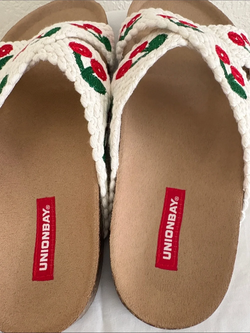 UNIONBAY Cream Woven Slide Sandals with Red Cherry Embroidery - Picture 3 of 4